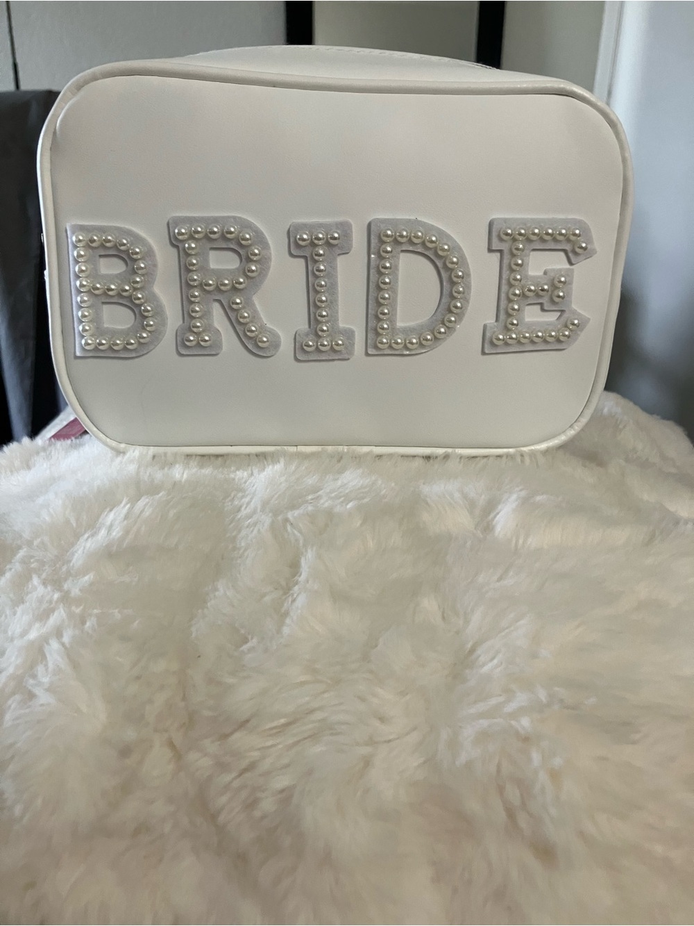 Pearl-Embellished Bridal Cosmetic Bag in White